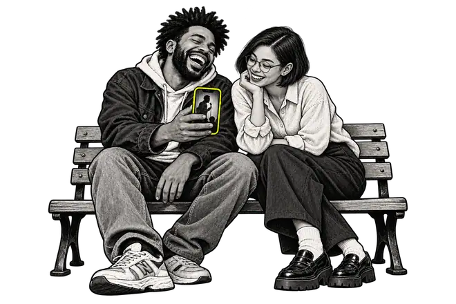 Illustration of two friends laughing while sharing a stand-up clip.