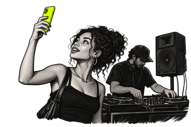 Illustration of a music fan identifying a track at a DJ set.