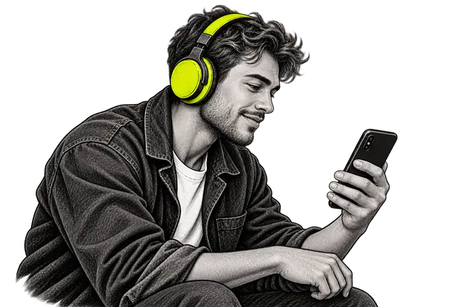 Illustration of a podcast listener wearing bright headphones and holding a phone with its screen facing him.